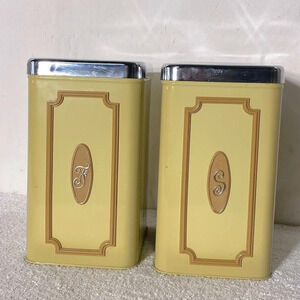 Vintage  Ekco Canada Limited Yellow Tan Metal Canister Set Flour Sugar